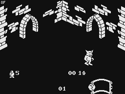 Zrzut z remake'u: Sabreman jako wilkołak w pierwszej komnacie zamku, 256x192, 1-bit
